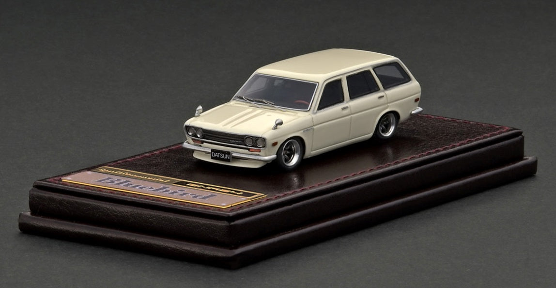 1:64 White High End Resin - Datsun Bluebird 510 Wagon - Leather Type Basement with Gold Metal Plate, with Display Case