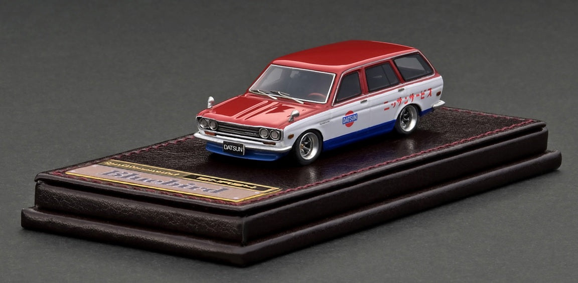 1:64 Red/White/Blue High End Resin - Datsun Bluebird 510 Wagon - Leather Type Basement with Gold Metal Plate, with Display Case