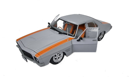 1:24 (S) Grey w/Orange Stripes HQ Holden Slammed Custom 4 Door Monaro Opening Doors Only